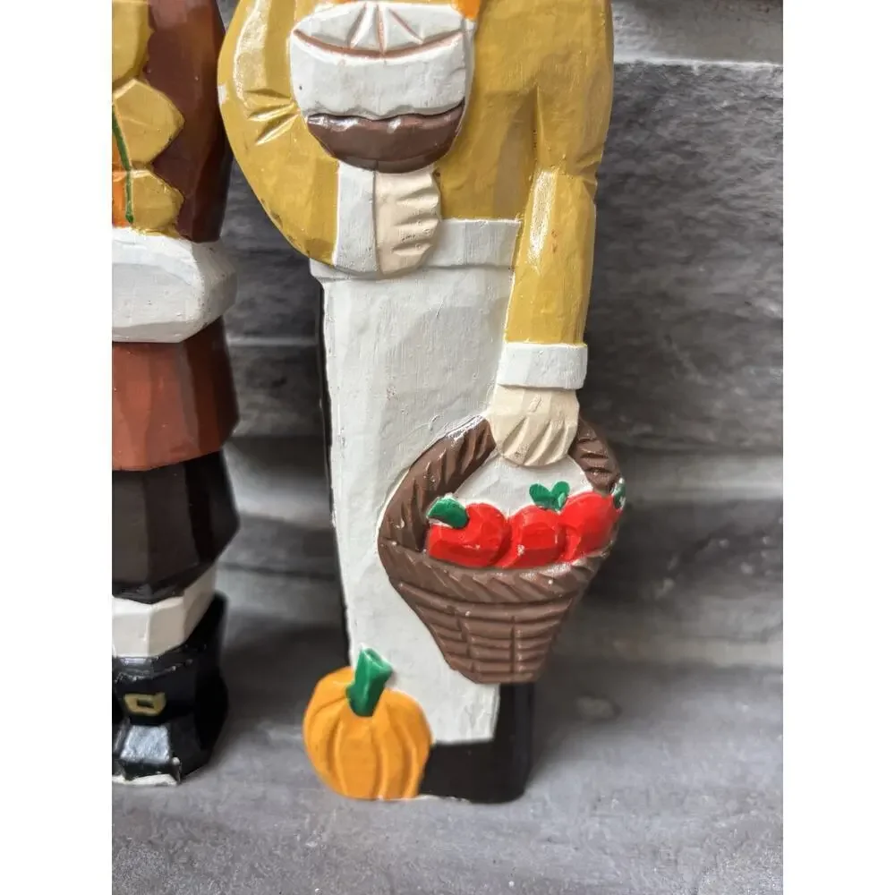 Vintage Hand Painted Wood Carved Harvest Pilgrims Man Woman Cottagecore Prairie